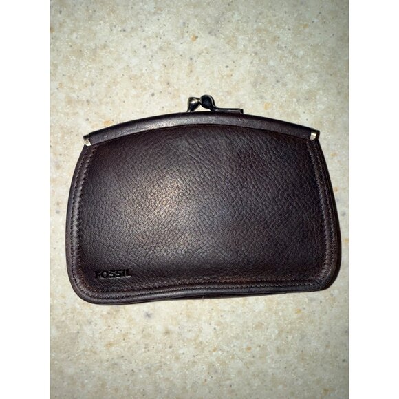 Vintage Fossil Kiss Lock Genuine Brown Leather Card Holder Coin Purse Wallet - Picture 13 of 15